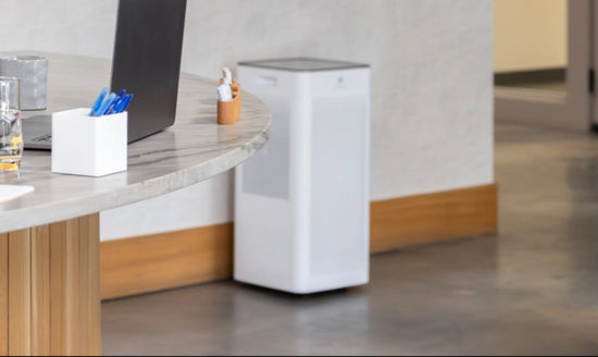 a office desk area with a air purifier