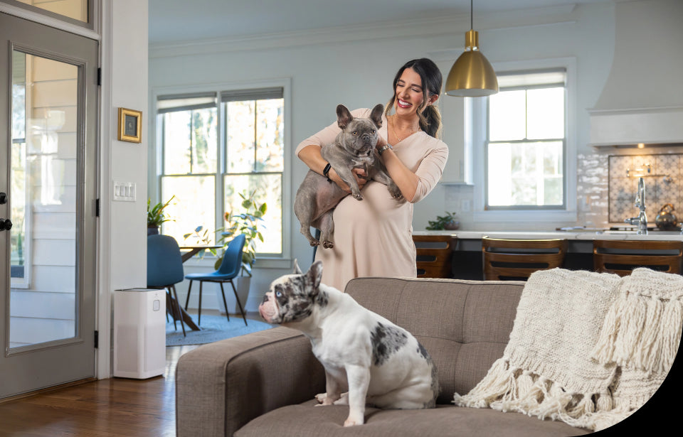 a lady at home with two dogs happy and an air purifier in the background