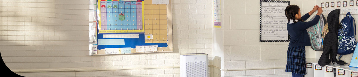 a classroom with an air purifier