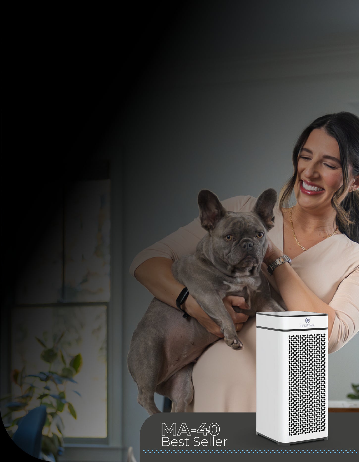 MA-40 Air Purifier with a lady and her dog smiling.