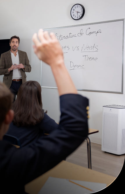 a classroom with an air purifier