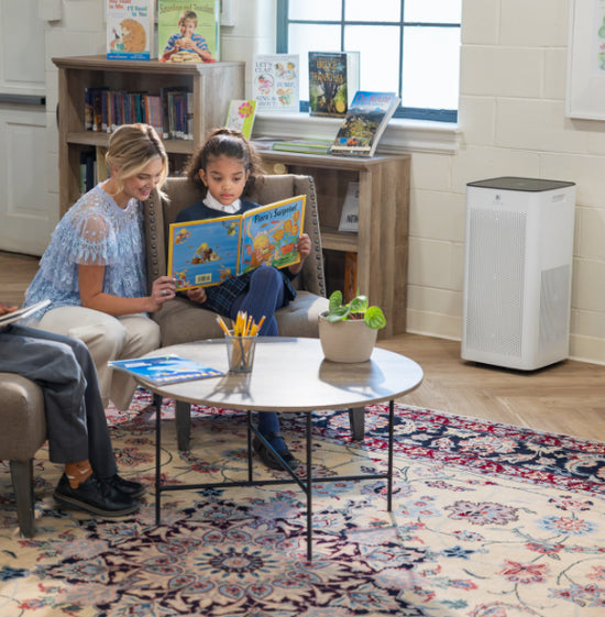 a library with an air purifier