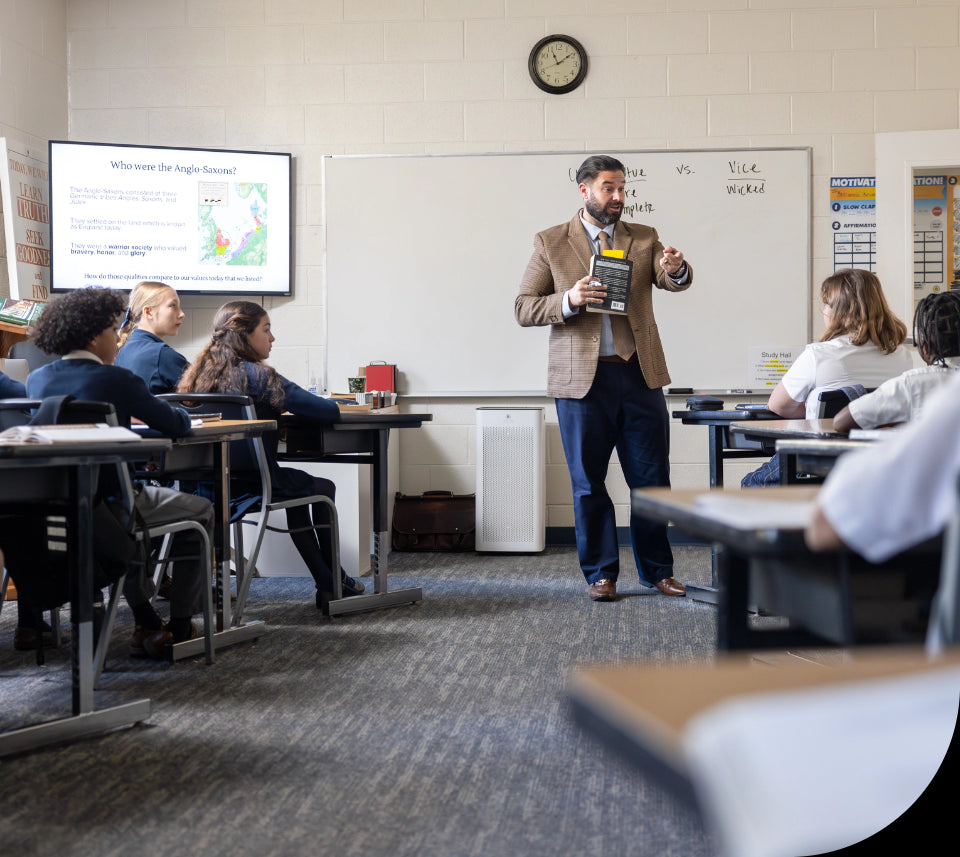 a classroom with an air purifier