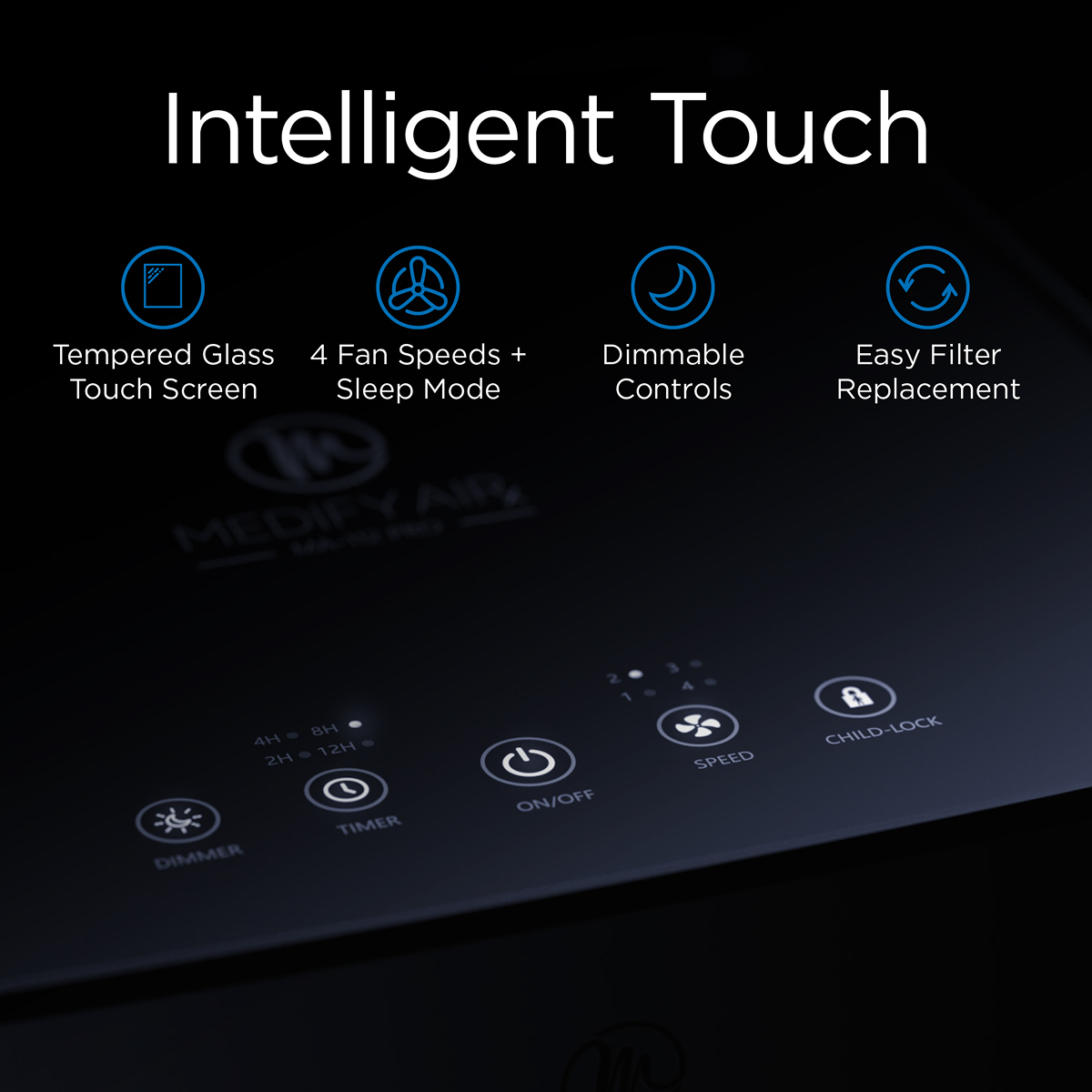 MA 112 PRO Air Purifier graphic about intelligent touch screen , four fan speeds, dimmable controls, easy filter replacement.