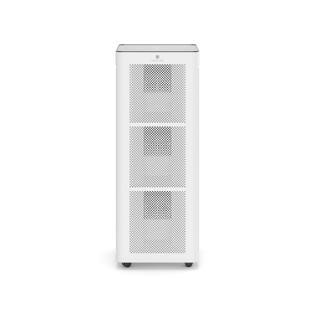 White rectangular ma-1400 pro air purifier with sleek modern design and three horizontal perforated sections