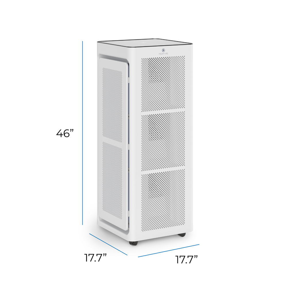 Ma-1400 pro air purifier white rectangular with sleek perforated panels and black accents on top edge
