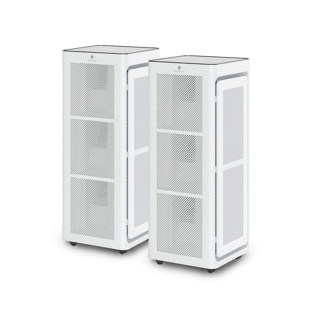 Two sleek white ma-1400 pro air purifiers with perforated front panels and black caster wheels for easy mobility