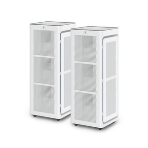 Two sleek white ma-1400 pro air purifiers with perforated front panels and black caster wheels for easy mobility