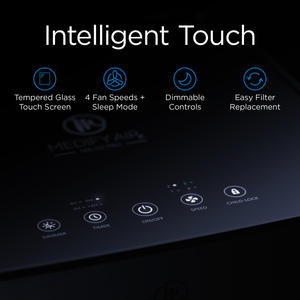Black tempered glass touch screen control panel with illuminated icons for ma-112 pro filters fan
