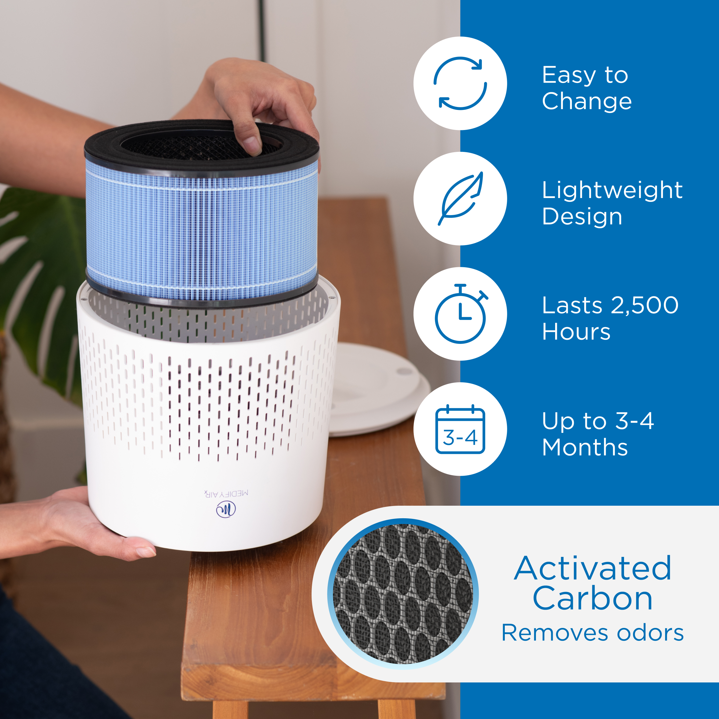 a person holding an MA 12 air purifier that was sitting a top a end table changing out the air filter. Text on a blue background next to the image that reads easy to change, lightweight desig