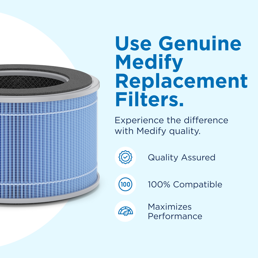 air filter placed on a light blue background with text reading use genuine medify replacement filters. experience the difference with Medify quality. Quality assured, 100% compatible, and max