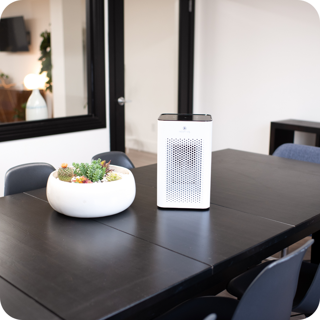 a dining room table with a succulent planter and desktop air purifier on top.