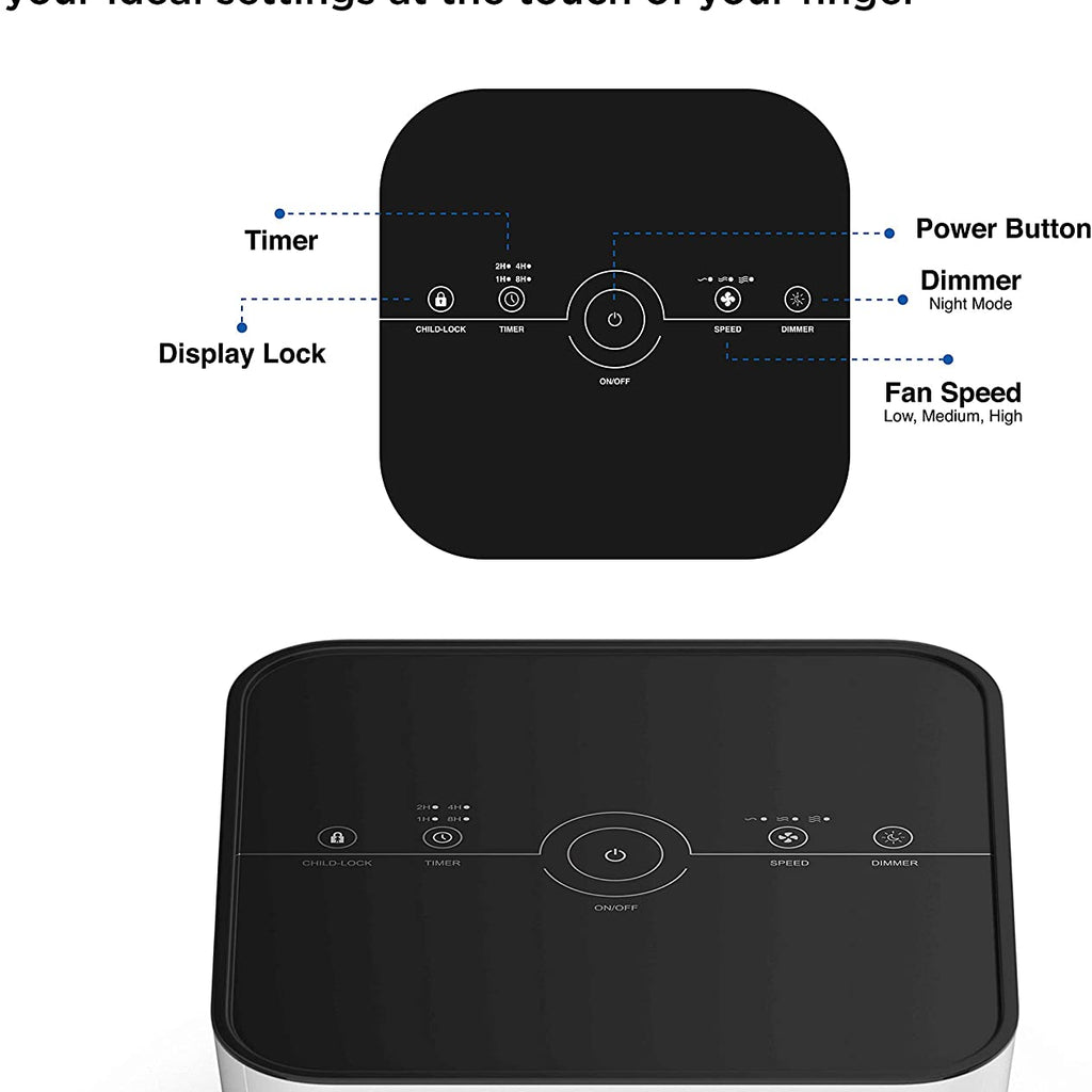 Black touch screen display panel with circular power button and labeled controls on ma-25 air purifier