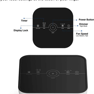Black touch screen display panel with circular power button and labeled controls on ma-25 air purifier