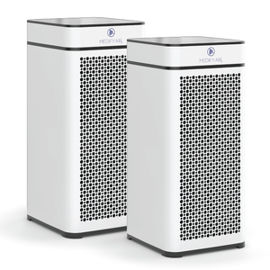 Two sleek white medifyair ma-40 air purifiers with black perforated front panels and minimalist design