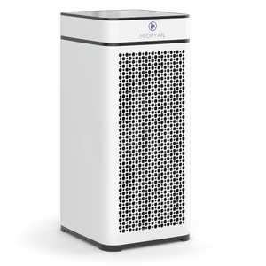 White rectangular ma-40 air purifier with black circular perforations and silver logo on the top panel